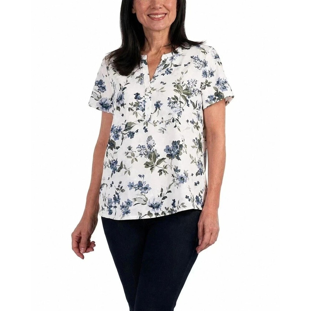 Hilary Radley V Neck Button Front Blouse White Blue Women’s Medium Shirt